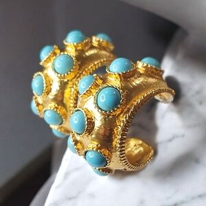 Chunky Oversized Matte Gold Byzantine Turquoise Cabochon Hoop Earrings